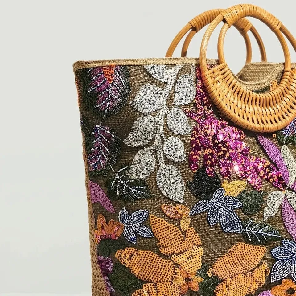 Sequin Flower Top Handle Vintage Style Tropical Bag