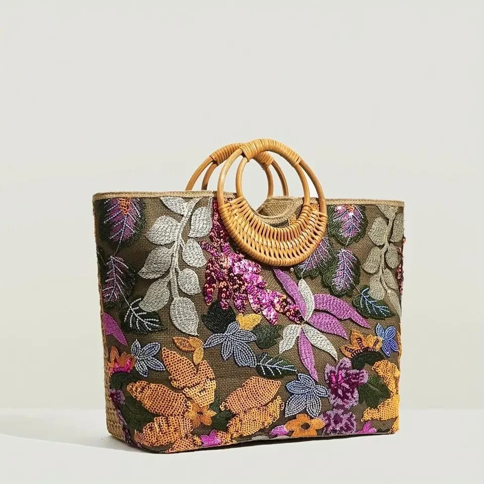 Sequin Flower Top Handle Vintage Style Tropical Bag
