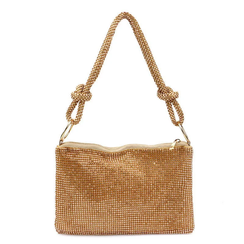 Shimmery Gold Knot Trim Shoulder Bag with Crystal Embellishments