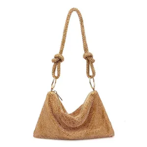 Shimmery Gold Knot Trim Shoulder Bag with Crystal Embellishments