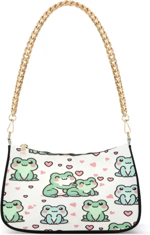 Shoulder Bags for Women Cute Frog Line Hand Drawn in Love Poses Hobo Tote Handbag Small Clutch Purse with Zipper Closure