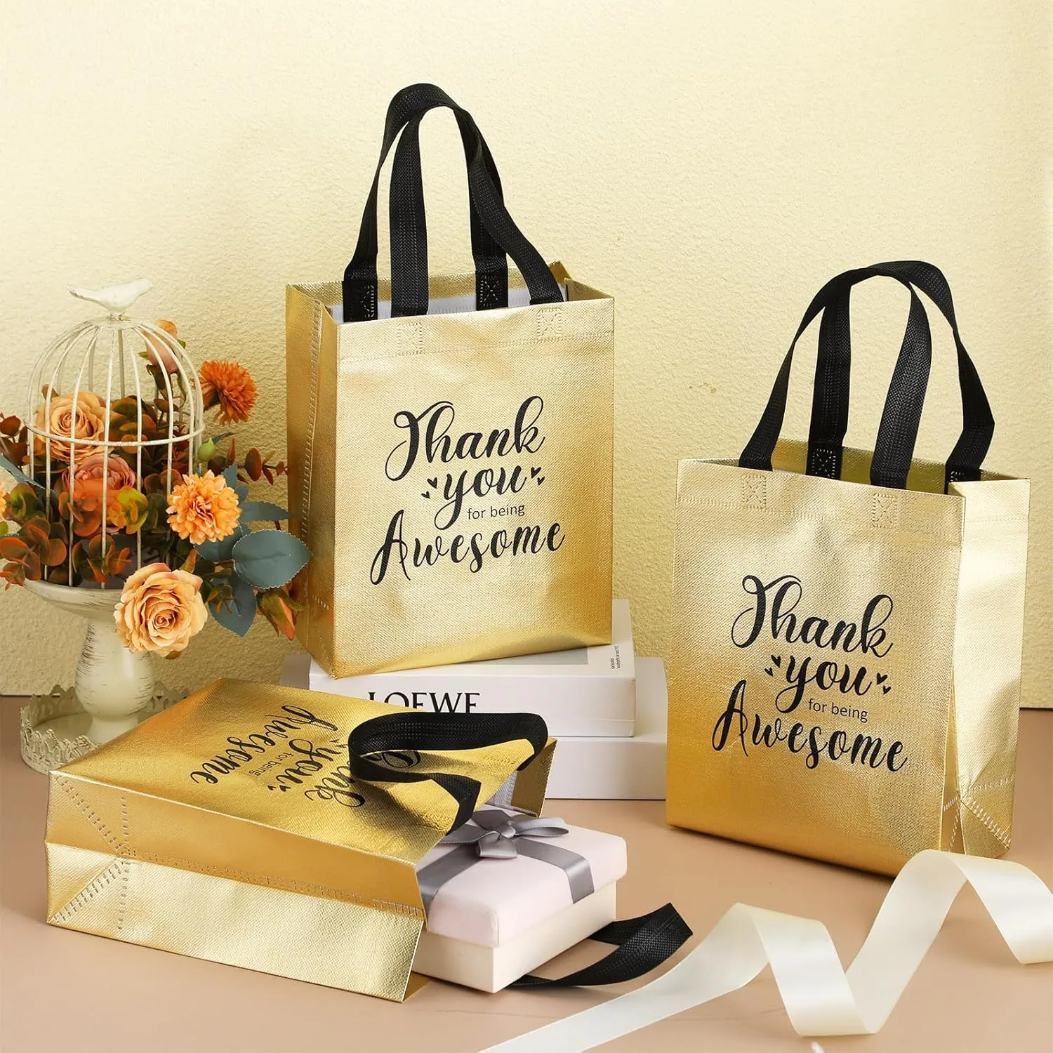 Silkfly 50 Pcs Thank You Reusable Gift Bag, Employee Appreciation Glossy Reusable totes, Thank You for Being Awesome Gift Bag with Handles(10 x 8 x 4 Inch,Gold)