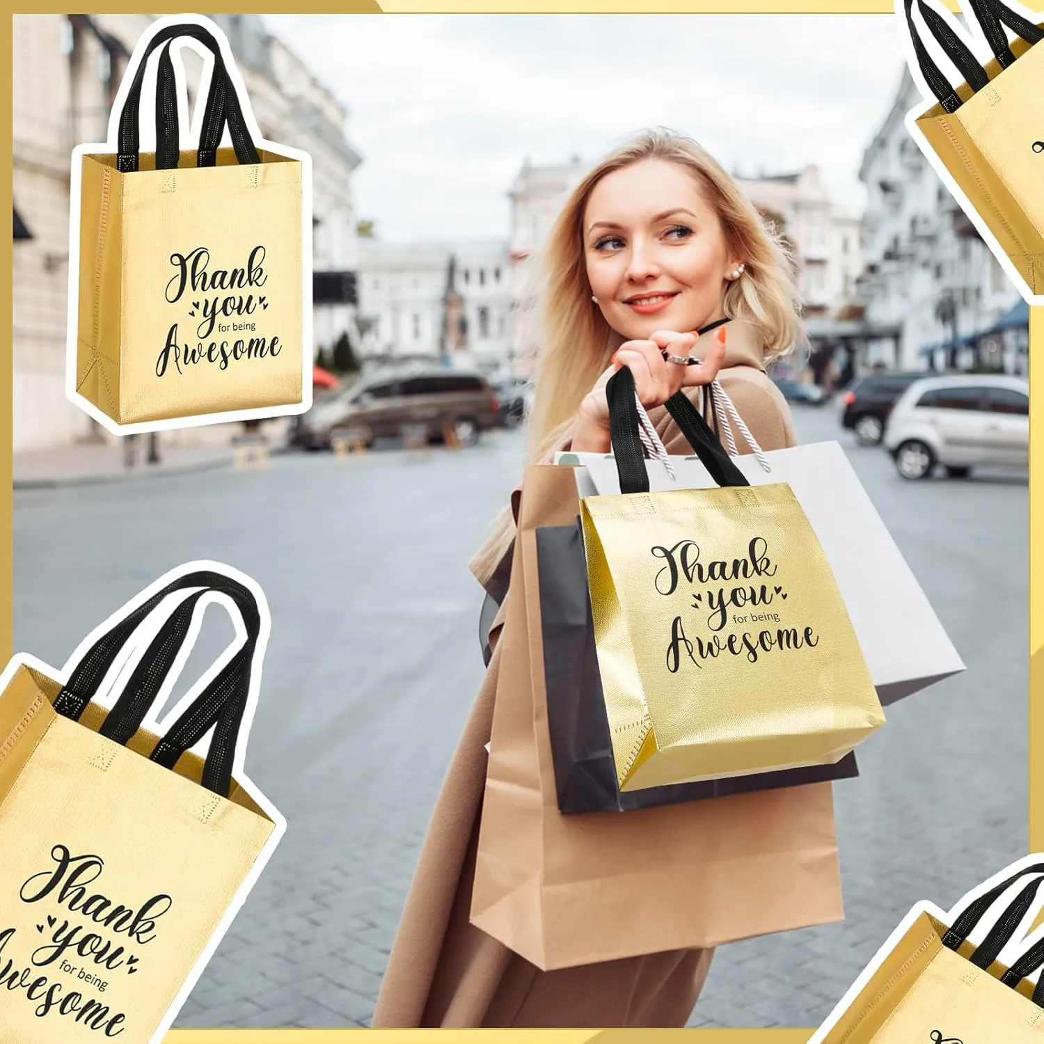 Silkfly 50 Pcs Thank You Reusable Gift Bag, Employee Appreciation Glossy Reusable totes, Thank You for Being Awesome Gift Bag with Handles(10 x 8 x 4 Inch,Gold)