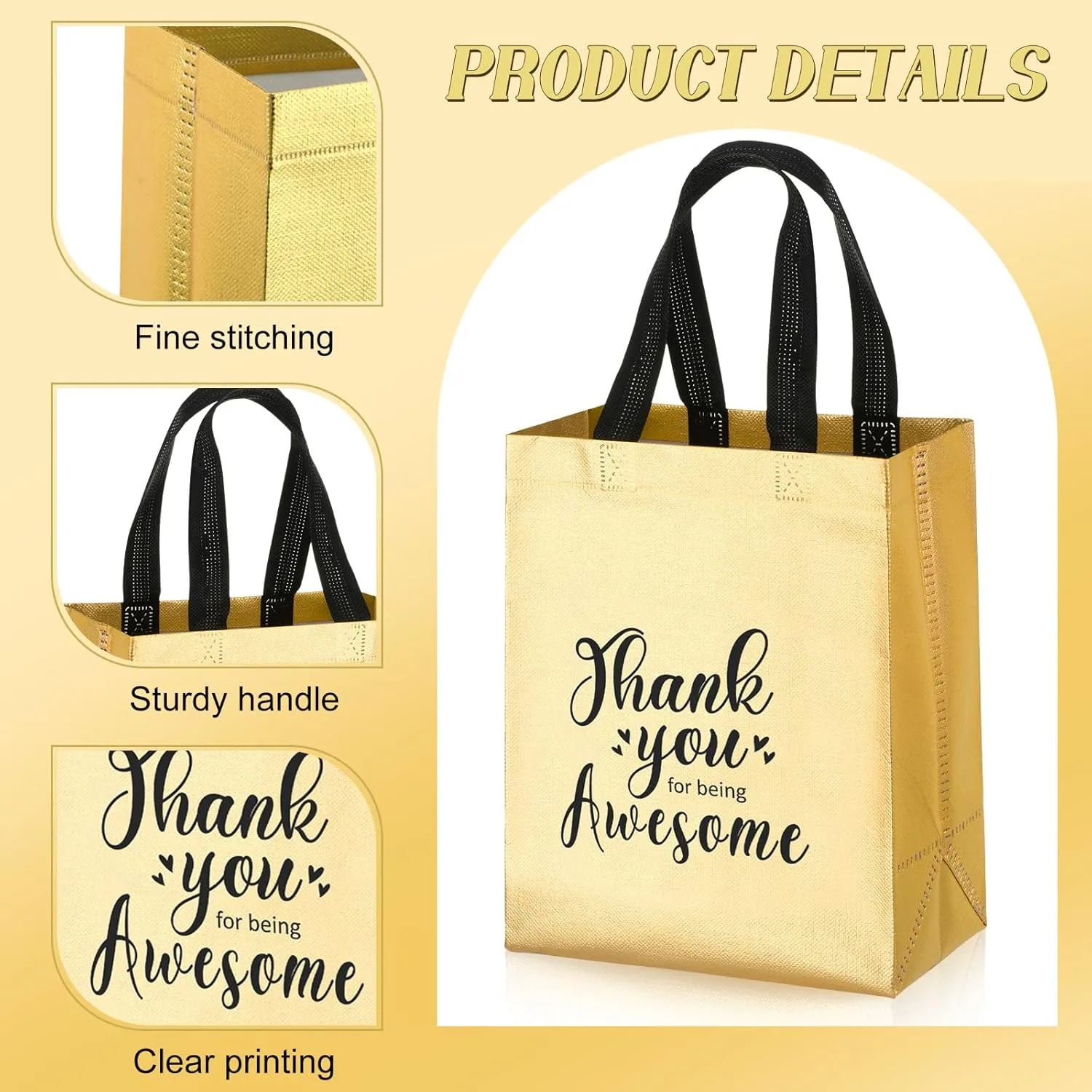 Silkfly 50 Pcs Thank You Reusable Gift Bag, Employee Appreciation Glossy Reusable totes, Thank You for Being Awesome Gift Bag with Handles(10 x 8 x 4 Inch,Gold)