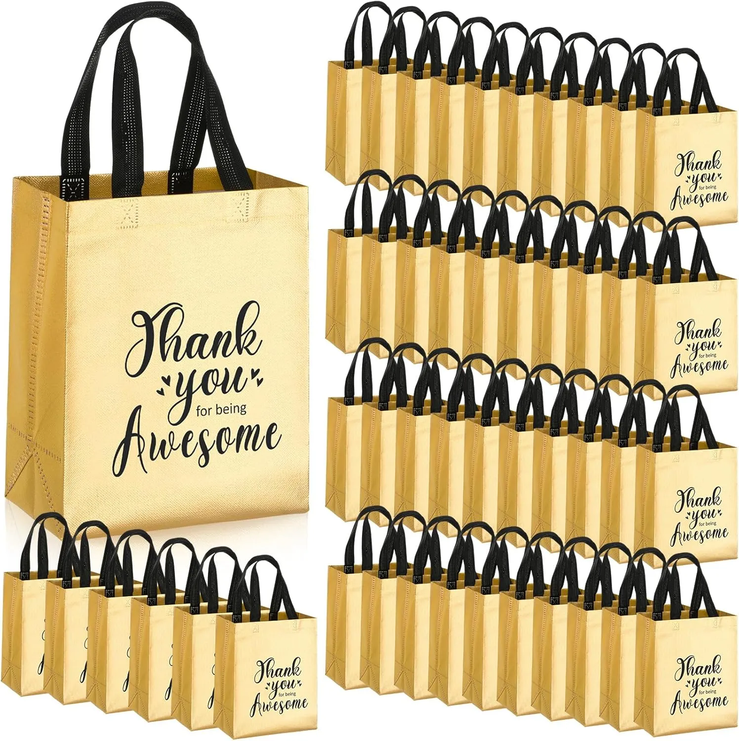 Silkfly 50 Pcs Thank You Reusable Gift Bag, Employee Appreciation Glossy Reusable totes, Thank You for Being Awesome Gift Bag with Handles(10 x 8 x 4 Inch,Gold)