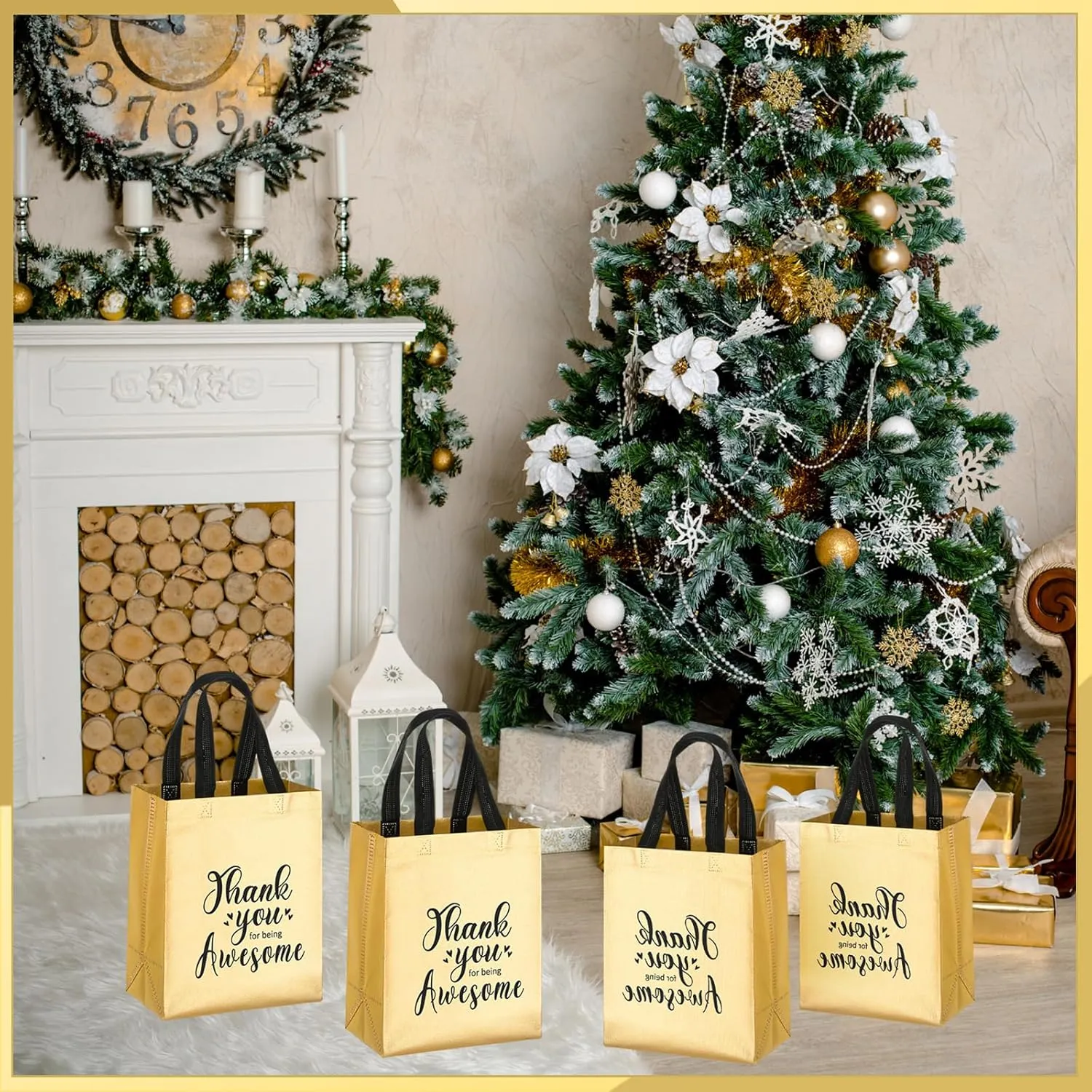 Silkfly 50 Pcs Thank You Reusable Gift Bag, Employee Appreciation Glossy Reusable totes, Thank You for Being Awesome Gift Bag with Handles(10 x 8 x 4 Inch,Gold)