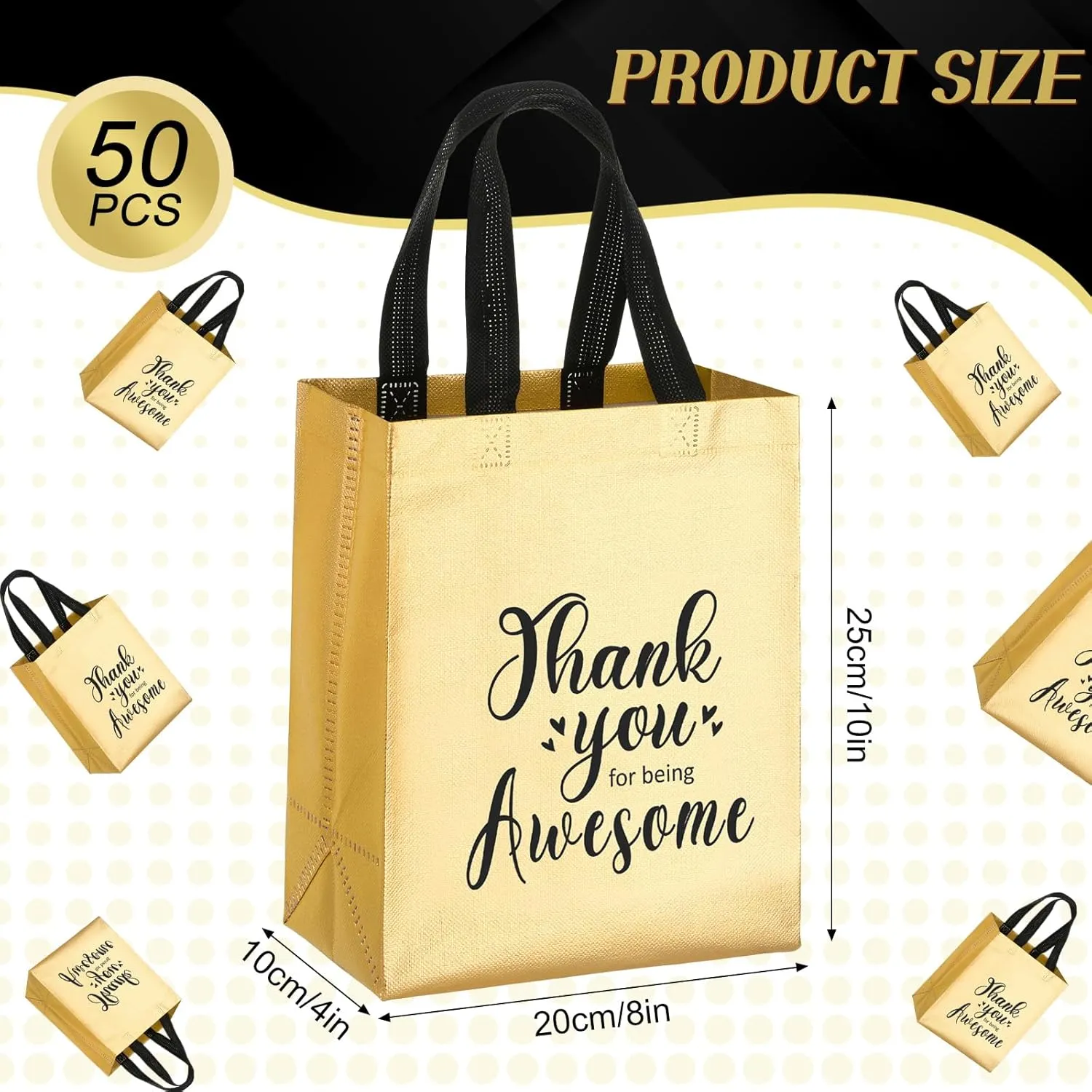 Silkfly 50 Pcs Thank You Reusable Gift Bag, Employee Appreciation Glossy Reusable totes, Thank You for Being Awesome Gift Bag with Handles(10 x 8 x 4 Inch,Gold)