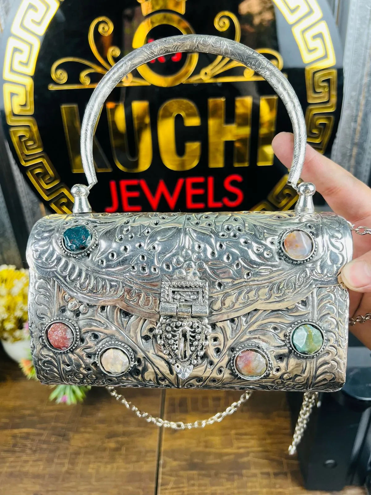 Silver Metal And Multi Stone Hand Bag