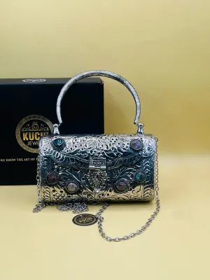 Silver Metal And Multi Stone Hand Bag