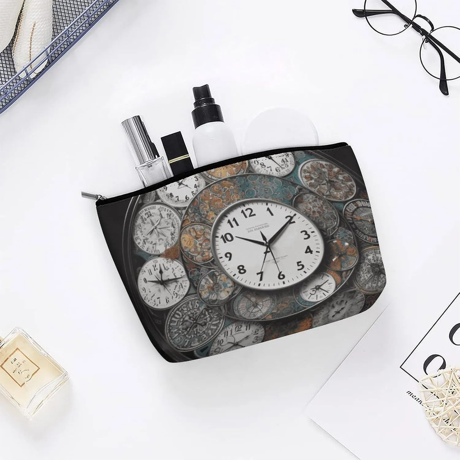 Small Cosmetic Bag Elegant Roomy Clock Art Makeup Bags Portable Zipper Pouch Lipstick Bag Travel Toiletry Bag for Best Friend Gift