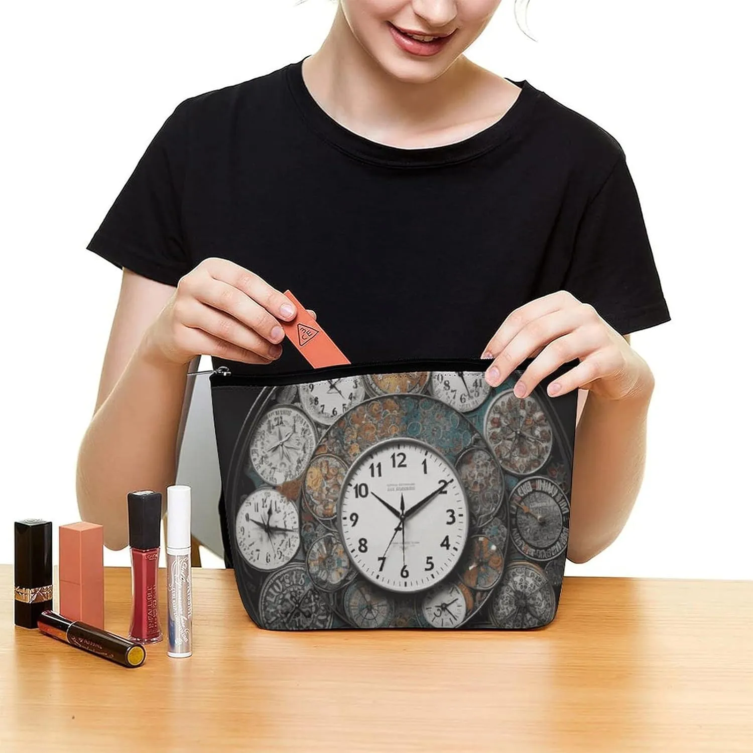 Small Cosmetic Bag Elegant Roomy Clock Art Makeup Bags Portable Zipper Pouch Lipstick Bag Travel Toiletry Bag for Best Friend Gift