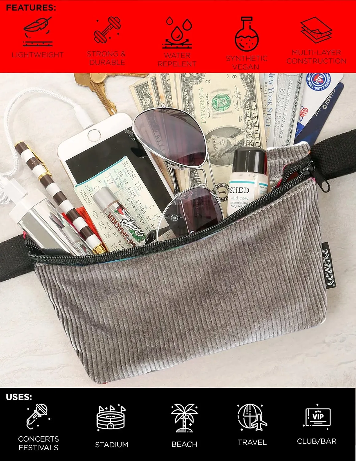 Small Crossbody Bags for Women & Men – 80s/90s Small Bum Bag – Stylish Travel & Festival Belt Bag – Ideal Fanny Pack for Daily Fashion – Perfect for Travel & Everyday Wear – Curduroy Grey