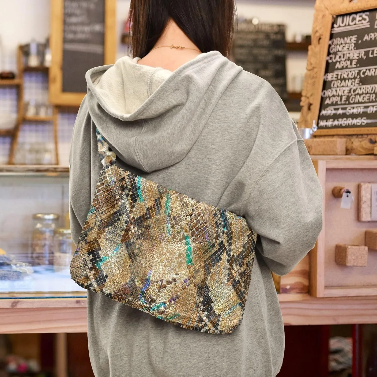 Snake Skin Gray Shoulder Tote Bags for Women Furry Crossbody bag with Zipper Hobo Handbag Purses for Teen Girls University