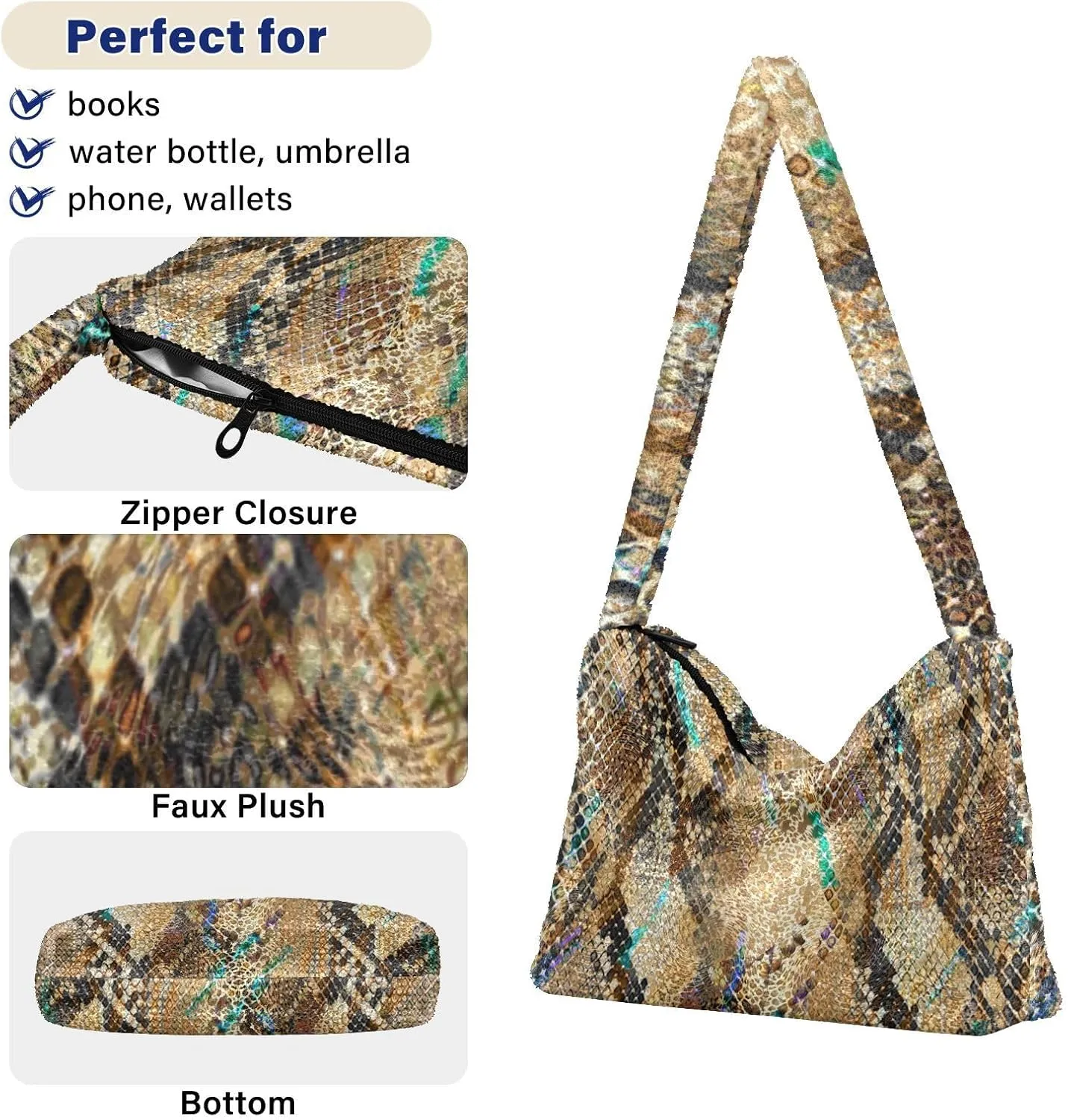Snake Skin Gray Shoulder Tote Bags for Women Furry Crossbody bag with Zipper Hobo Handbag Purses for Teen Girls University