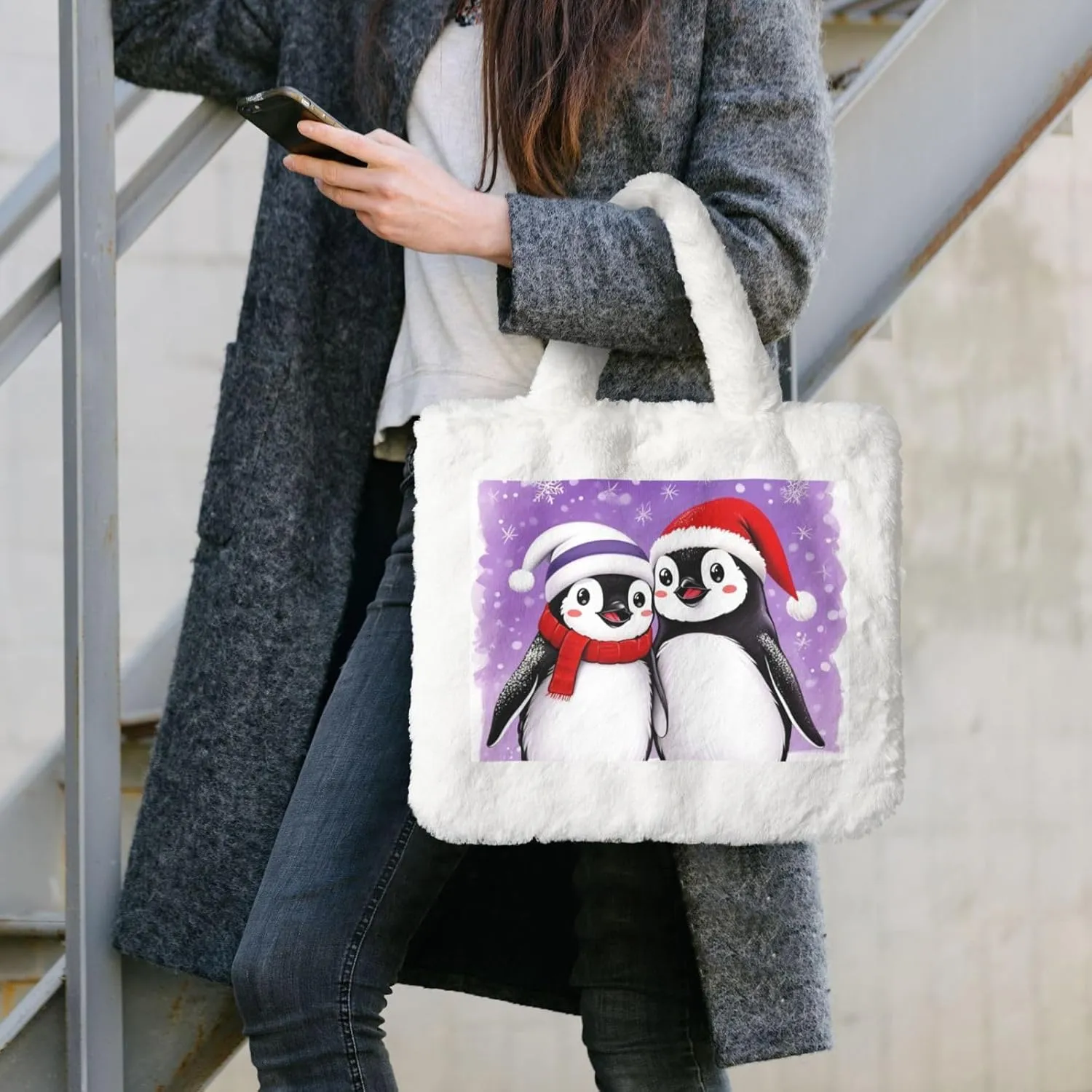 Soft Faux Fur Shoulder Tote Bag for Women Plush Handbag Purse Furry Top Handle Bag