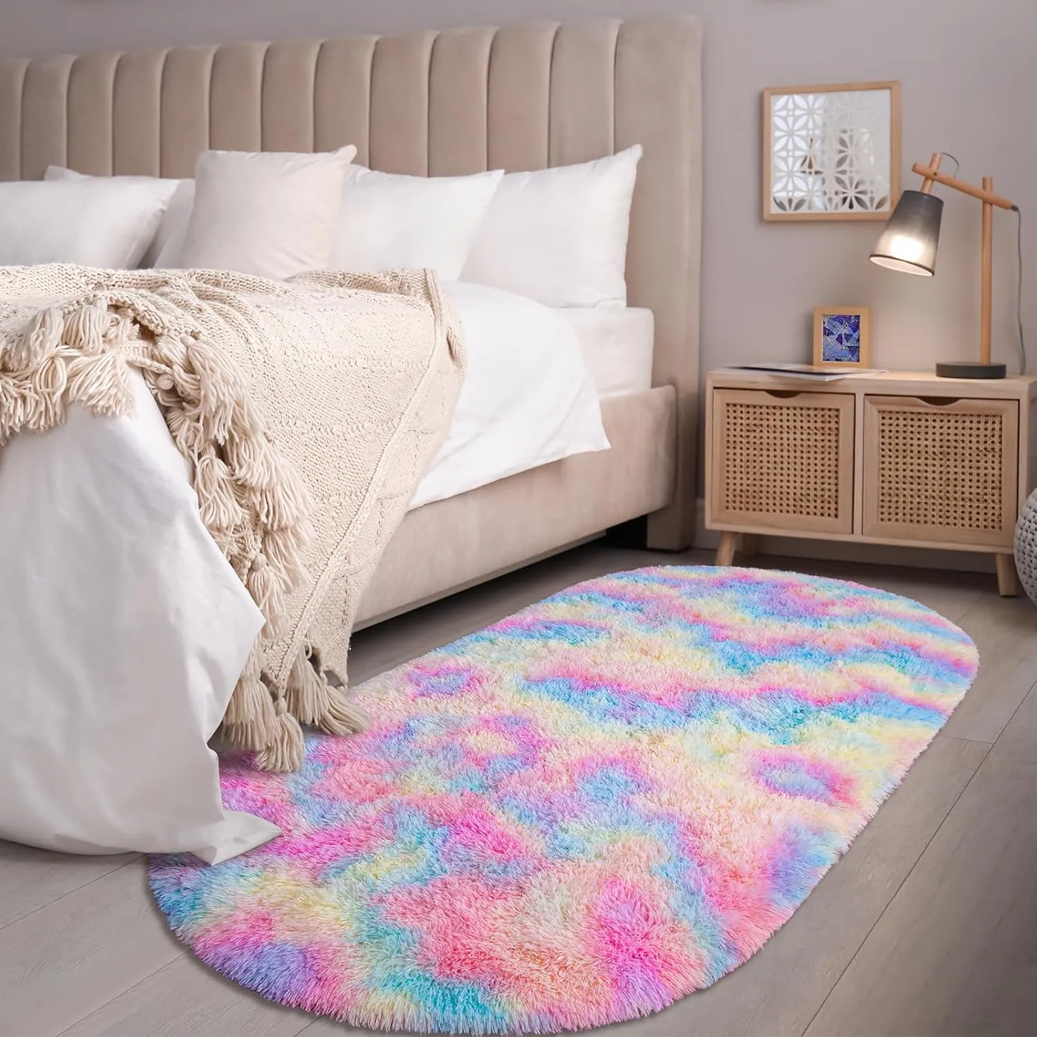 Softlife Fluffy Rugs for Bedroom, Shag Cute Area Rug for Girls and Kids Baby Room Home Decor, 2.6 x 5.3 Feet Oval Indoor Carpet for Nursery Dorm Living Room, Rainbow