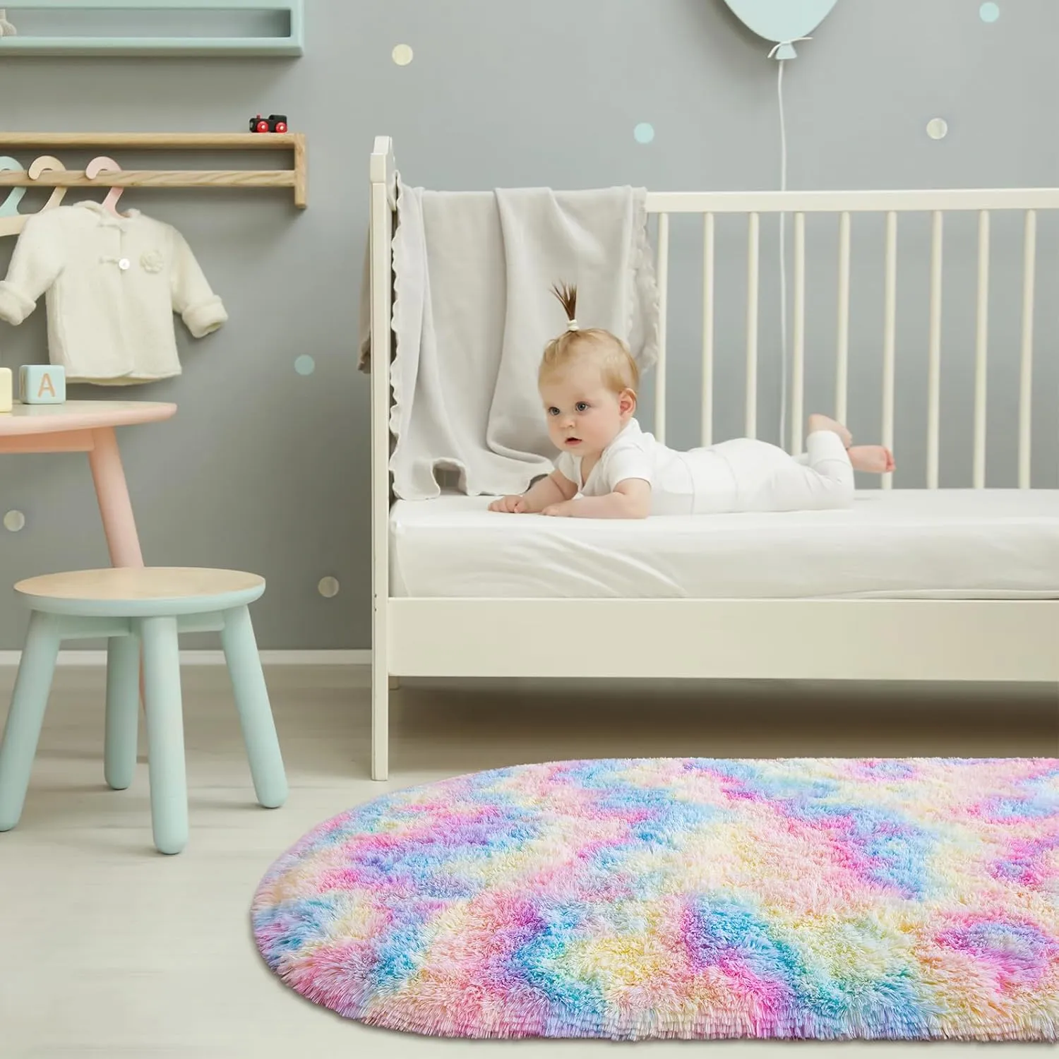 Softlife Fluffy Rugs for Bedroom, Shag Cute Area Rug for Girls and Kids Baby Room Home Decor, 2.6 x 5.3 Feet Oval Indoor Carpet for Nursery Dorm Living Room, Rainbow