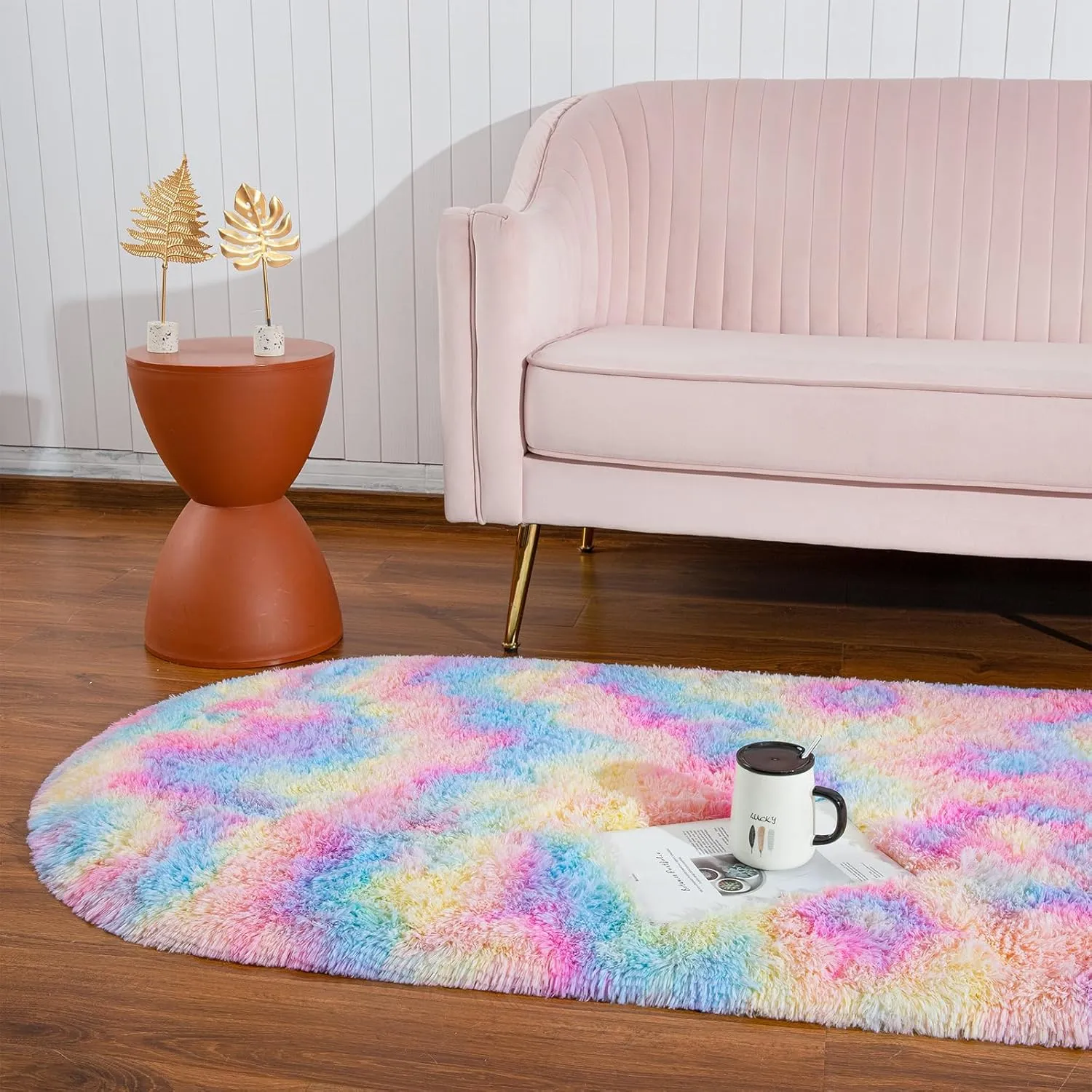 Softlife Fluffy Rugs for Bedroom, Shag Cute Area Rug for Girls and Kids Baby Room Home Decor, 2.6 x 5.3 Feet Oval Indoor Carpet for Nursery Dorm Living Room, Rainbow