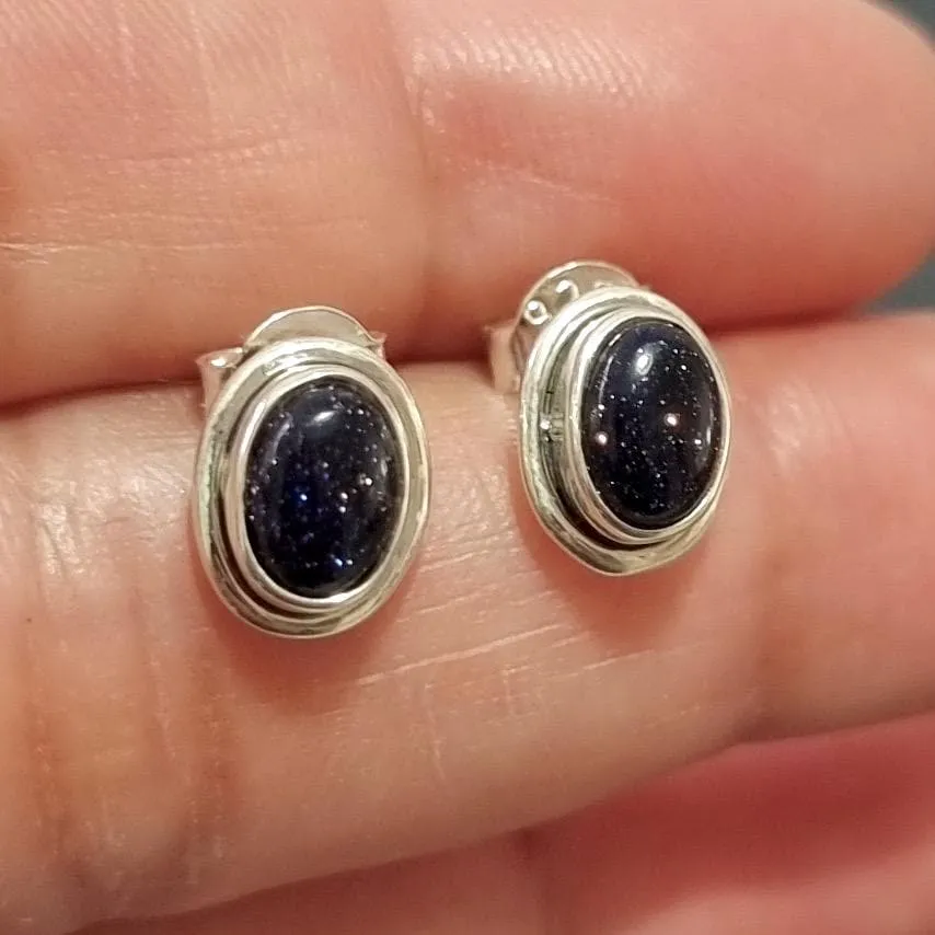 Sparkly Oval Blue Goldstone Stud Earrings, 925 Sterling Silver, S3BS