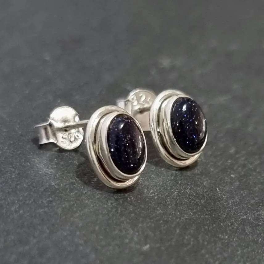 Sparkly Oval Blue Goldstone Stud Earrings, 925 Sterling Silver, S3BS
