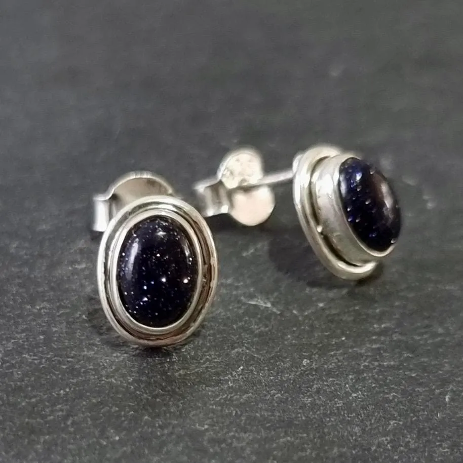 Sparkly Oval Blue Goldstone Stud Earrings, 925 Sterling Silver, S3BS
