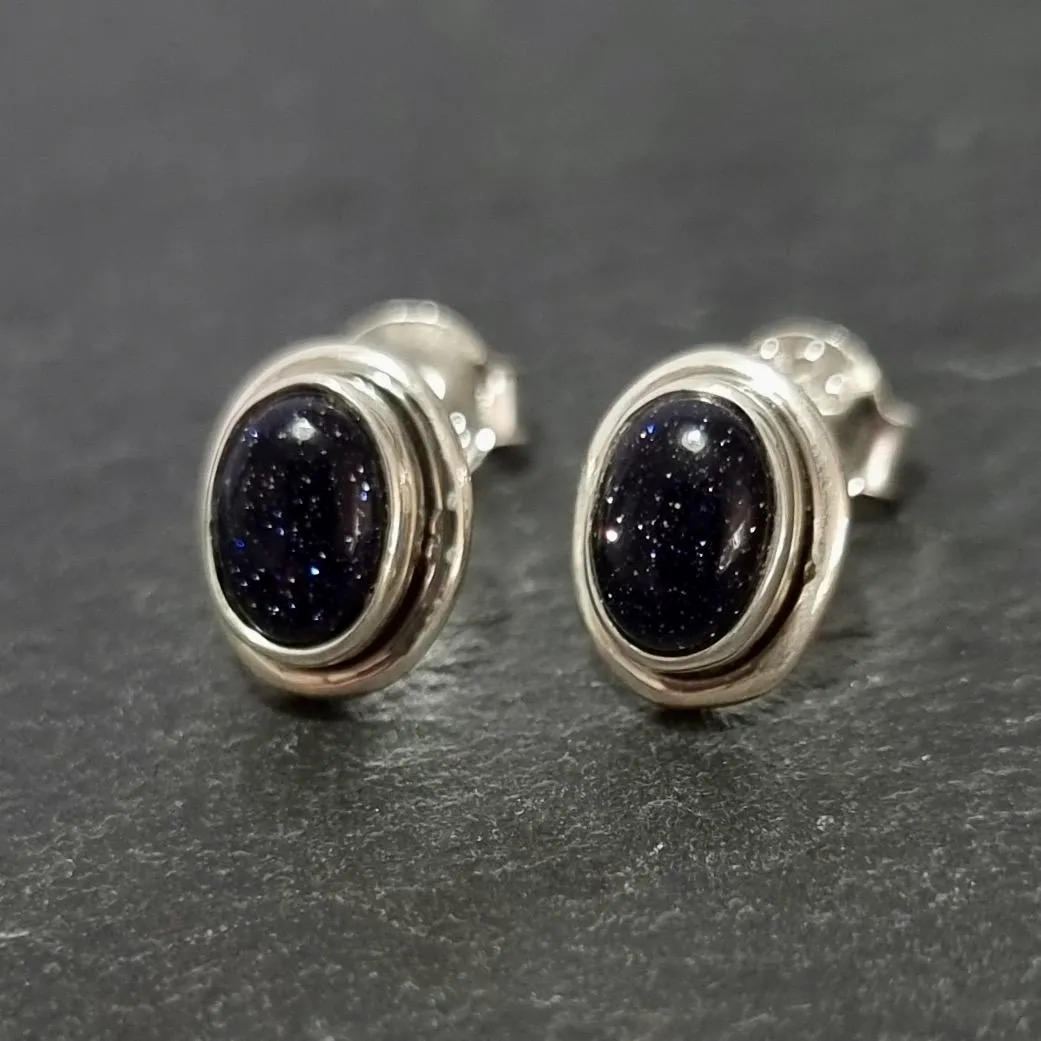 Sparkly Oval Blue Goldstone Stud Earrings, 925 Sterling Silver, S3BS