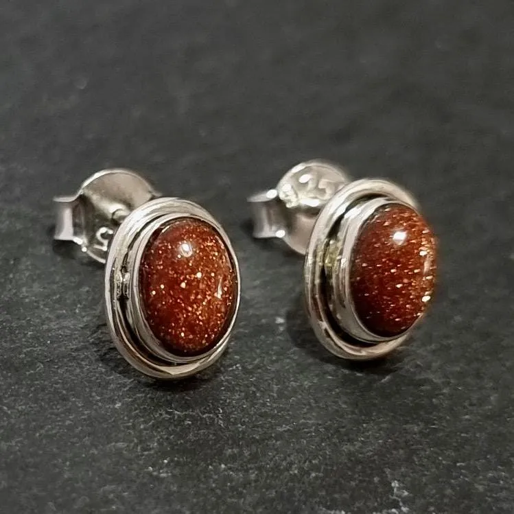 Sparkly Oval Orange Goldstone Stud Earrings, 925 Sterling Silver, S3GS