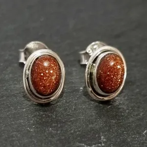 Sparkly Oval Orange Goldstone Stud Earrings, 925 Sterling Silver, S3GS
