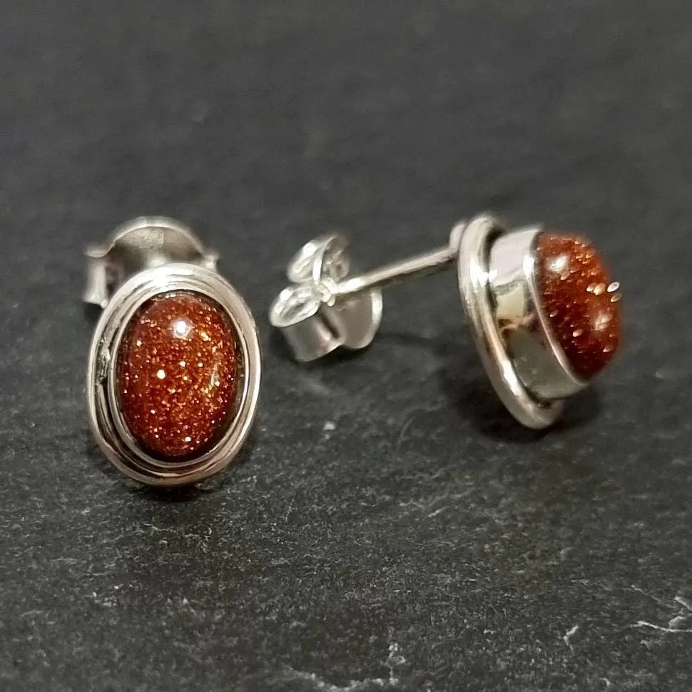 Sparkly Oval Orange Goldstone Stud Earrings, 925 Sterling Silver, S3GS