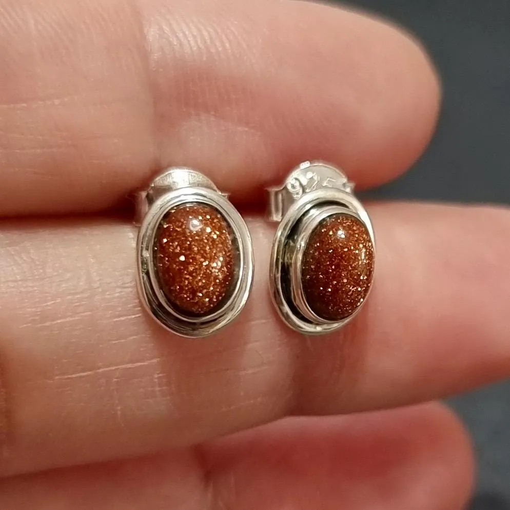 Sparkly Oval Orange Goldstone Stud Earrings, 925 Sterling Silver, S3GS