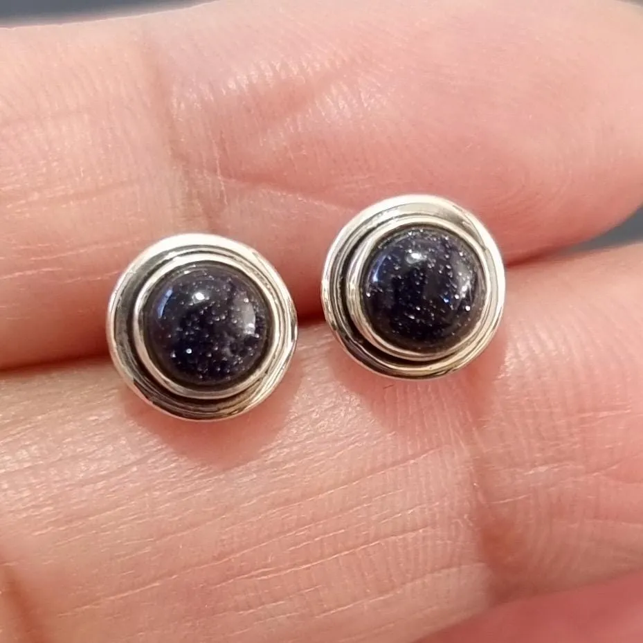 Sparkly Round Blue Goldstone Stud Earrings, 925 Sterling Silver, S16BS