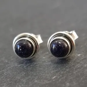 Sparkly Round Blue Goldstone Stud Earrings, 925 Sterling Silver, S16BS