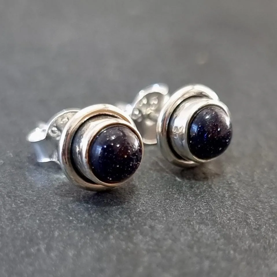 Sparkly Round Blue Goldstone Stud Earrings, 925 Sterling Silver, S16BS