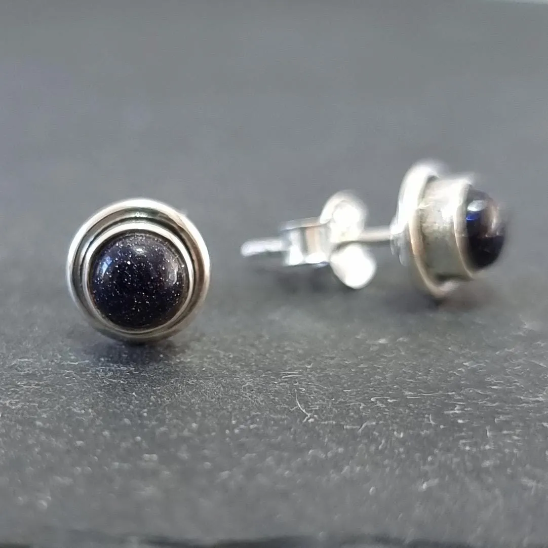 Sparkly Round Blue Goldstone Stud Earrings, 925 Sterling Silver, S16BS