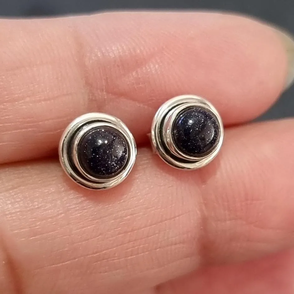Sparkly Round Blue Goldstone Stud Earrings, 925 Sterling Silver, S16BS