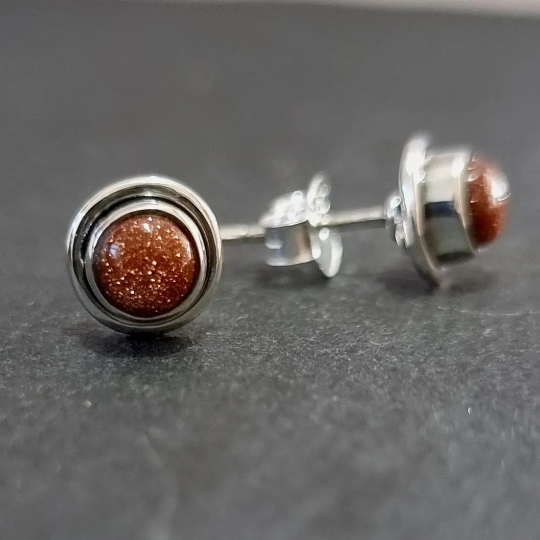 Sparkly Round Goldstone Stud Earrings, 925 Sterling Silver, S16GS