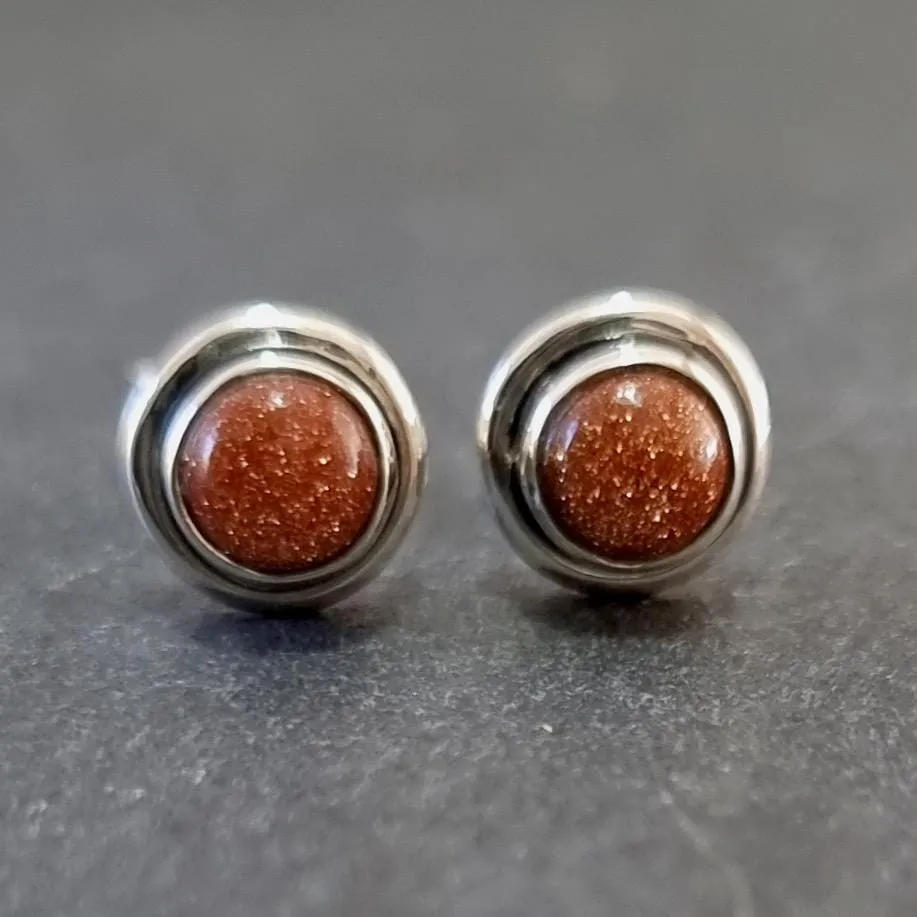 Sparkly Round Goldstone Stud Earrings, 925 Sterling Silver, S16GS