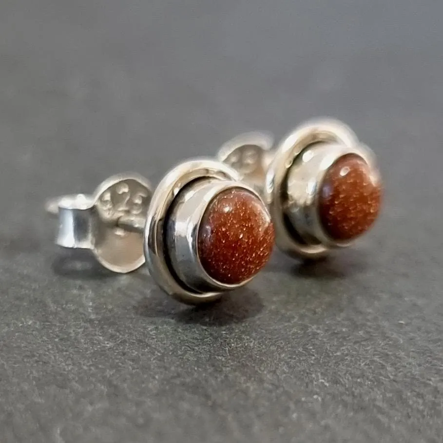 Sparkly Round Goldstone Stud Earrings, 925 Sterling Silver, S16GS