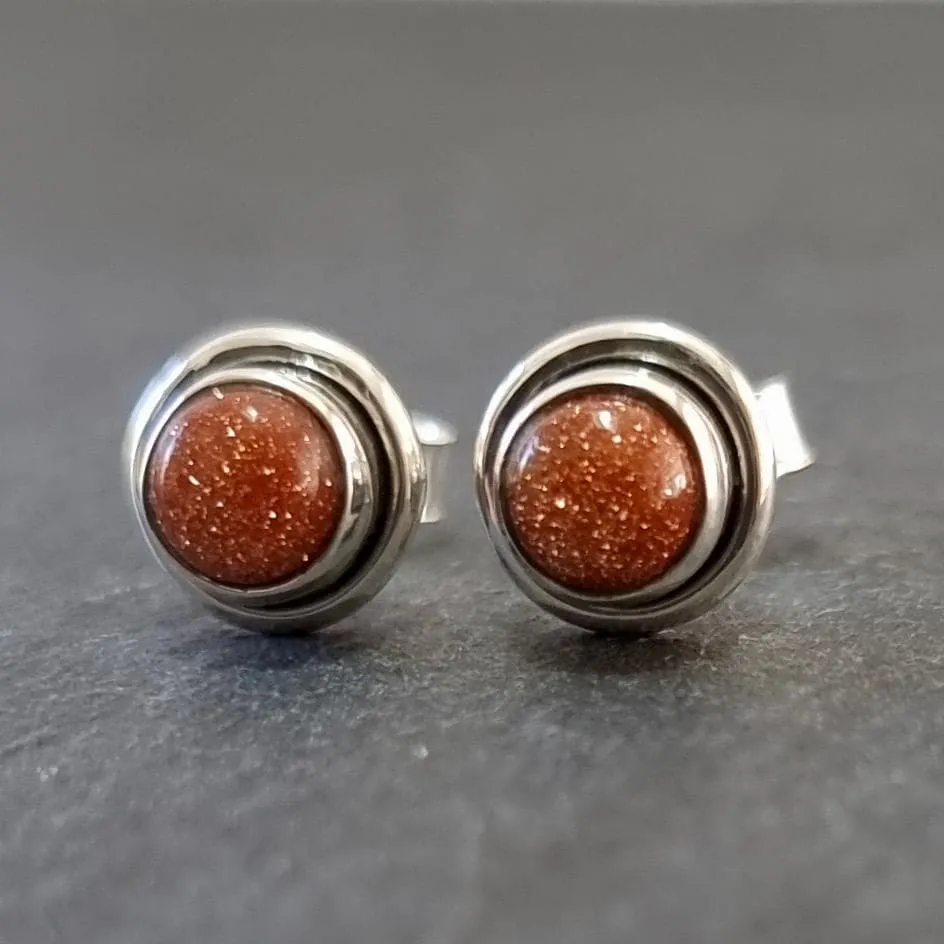 Sparkly Round Goldstone Stud Earrings, 925 Sterling Silver, S16GS