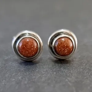 Sparkly Round Goldstone Stud Earrings, 925 Sterling Silver, S16GS