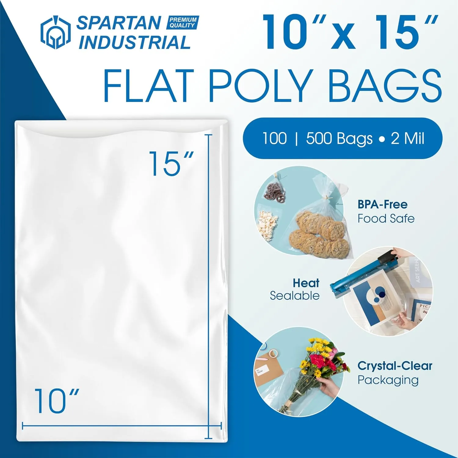 Spartan Industrial - 10” X 15” (500 Count) 2 Mil Heavy Duty Flat Open End Clear Plastic Poly Bags - For Magazine Sleeves, Packaging Clothes, Artwork (Bags DO NOT Have Seal & DO NOT Have Prints)
