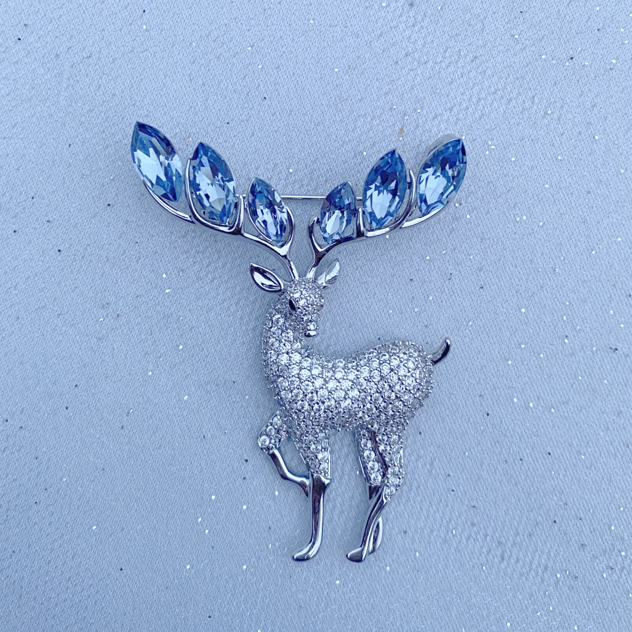 Stag Brooch Deer Pin Silver Crystal Brooch
