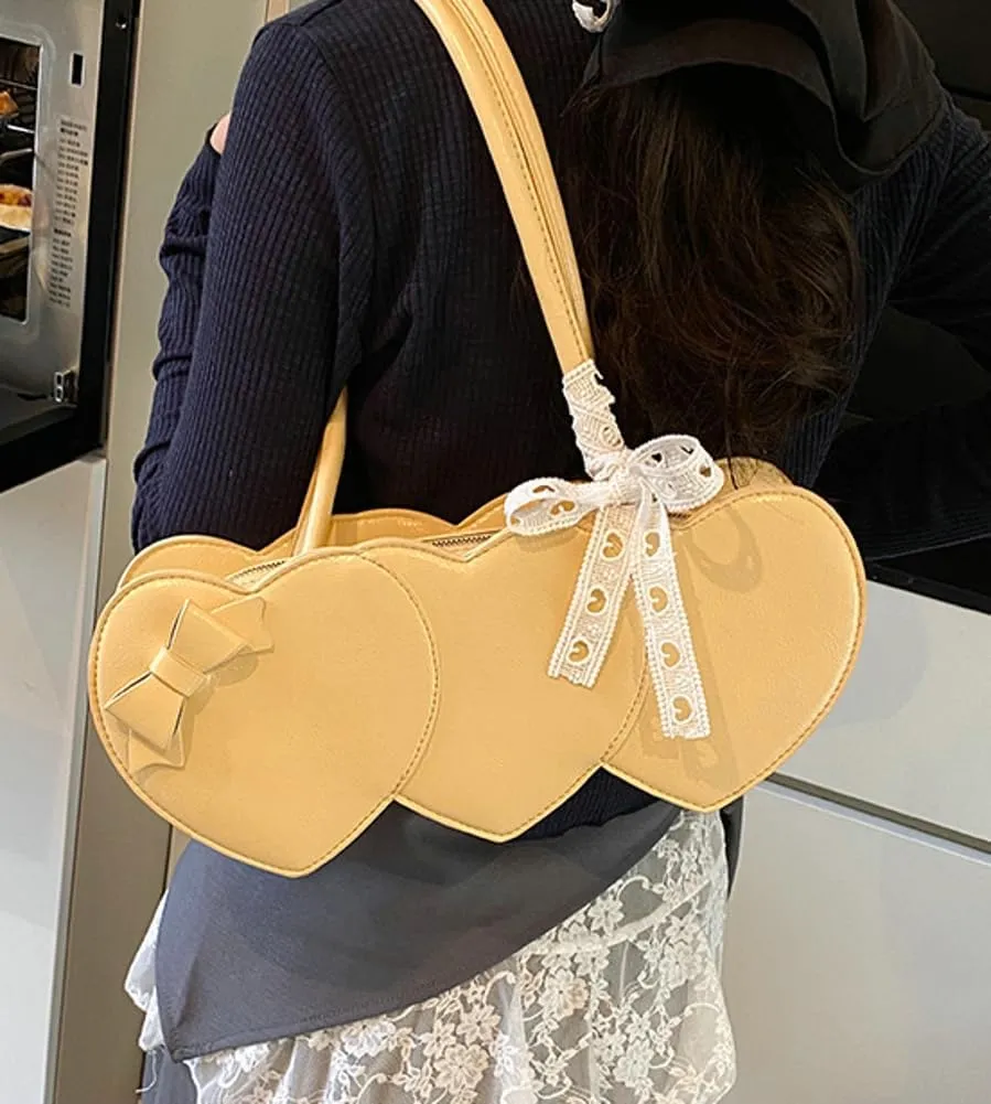 Stylish Shoulder Bag Purses for Women Heart-shaped Hobo Bags Ladies Clutch with Bowknot Ribbon Accessory