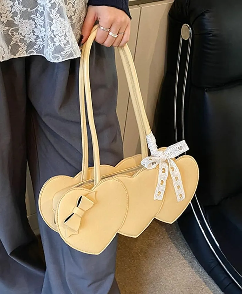 Stylish Shoulder Bag Purses for Women Heart-shaped Hobo Bags Ladies Clutch with Bowknot Ribbon Accessory