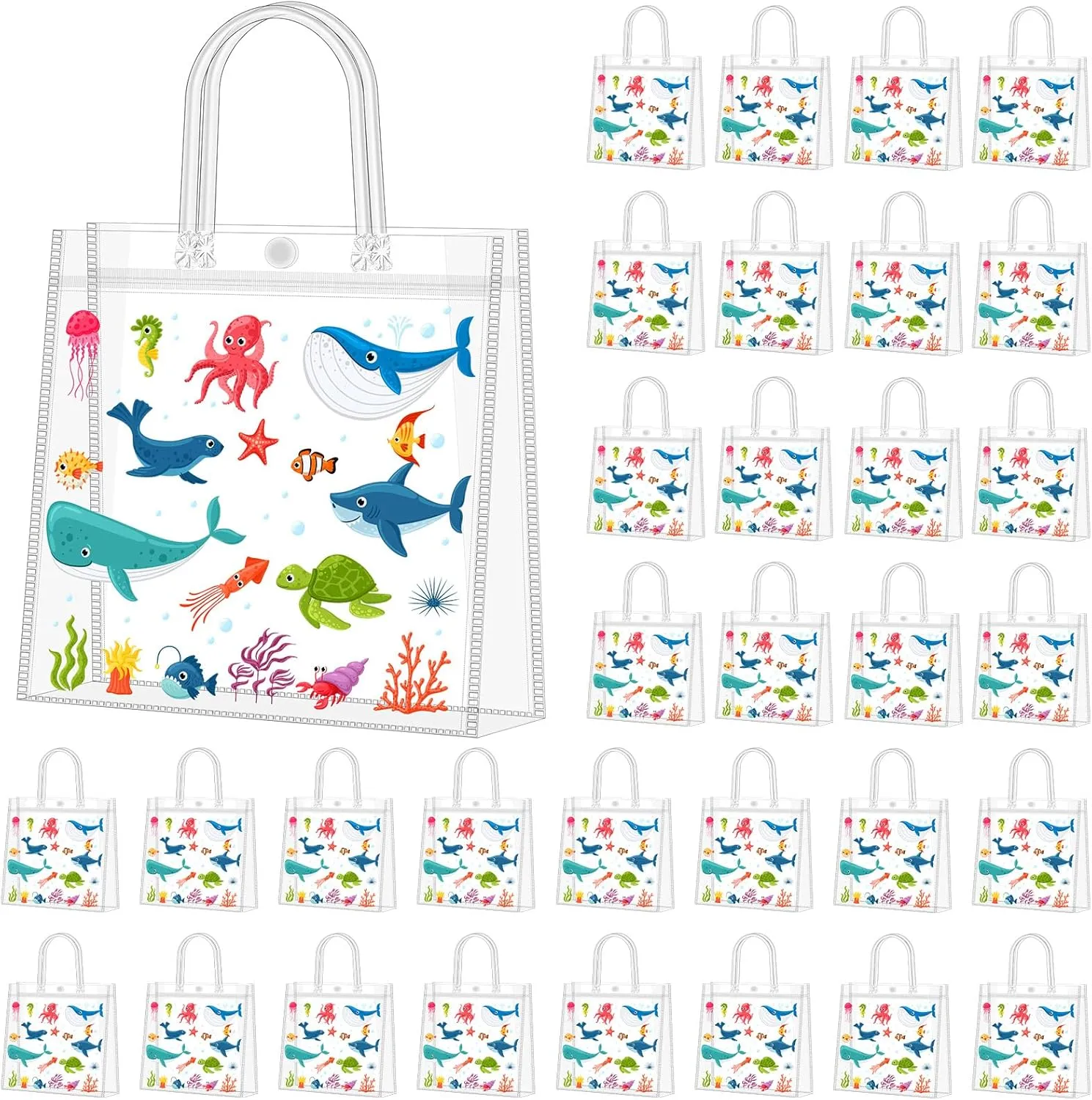 Supervitae 36 Pcs Sea Animal Clear Favor Bags with Handle Reusable Plastic PVC Gift Bag Goodies Treats Wrap Totes for Birthday Wedding Graduation Party Supplies, 8 x 8 x 3.15 Inch