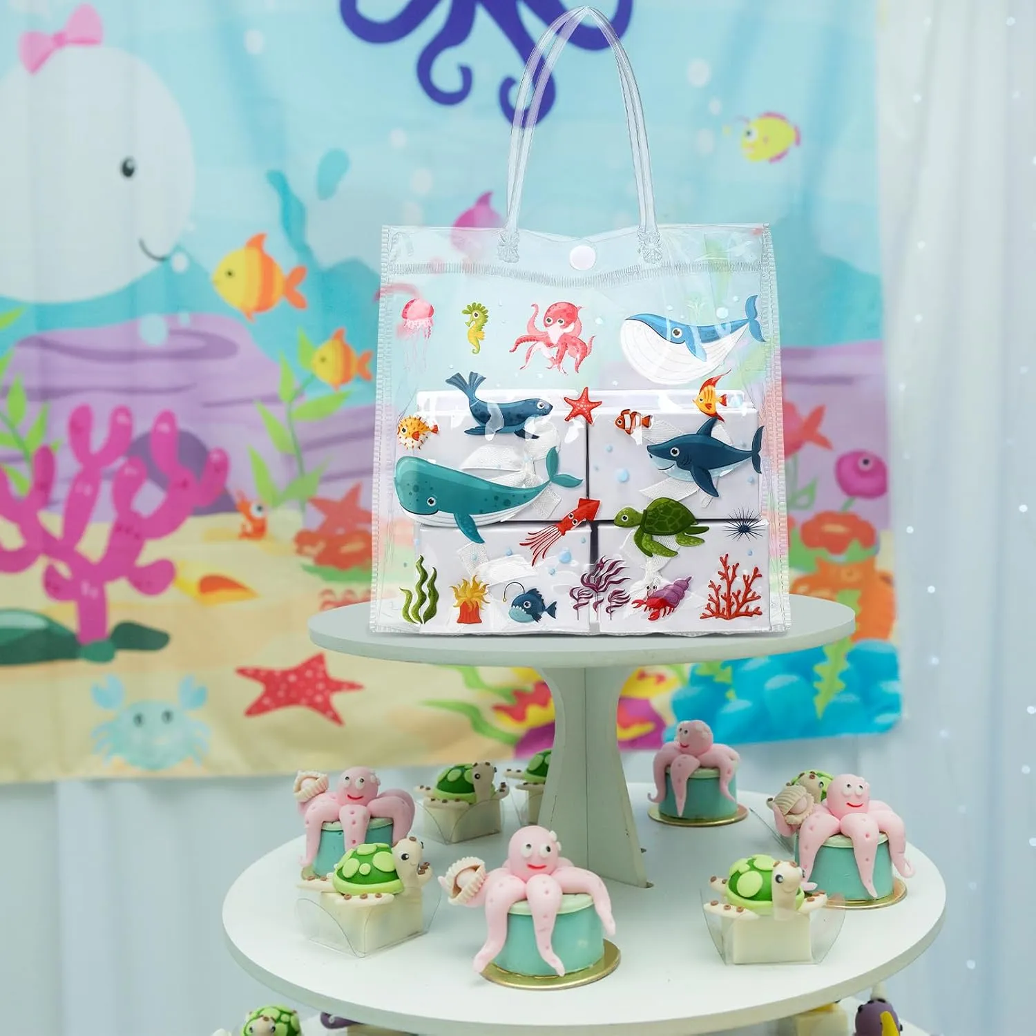 Supervitae 36 Pcs Sea Animal Clear Favor Bags with Handle Reusable Plastic PVC Gift Bag Goodies Treats Wrap Totes for Birthday Wedding Graduation Party Supplies, 8 x 8 x 3.15 Inch