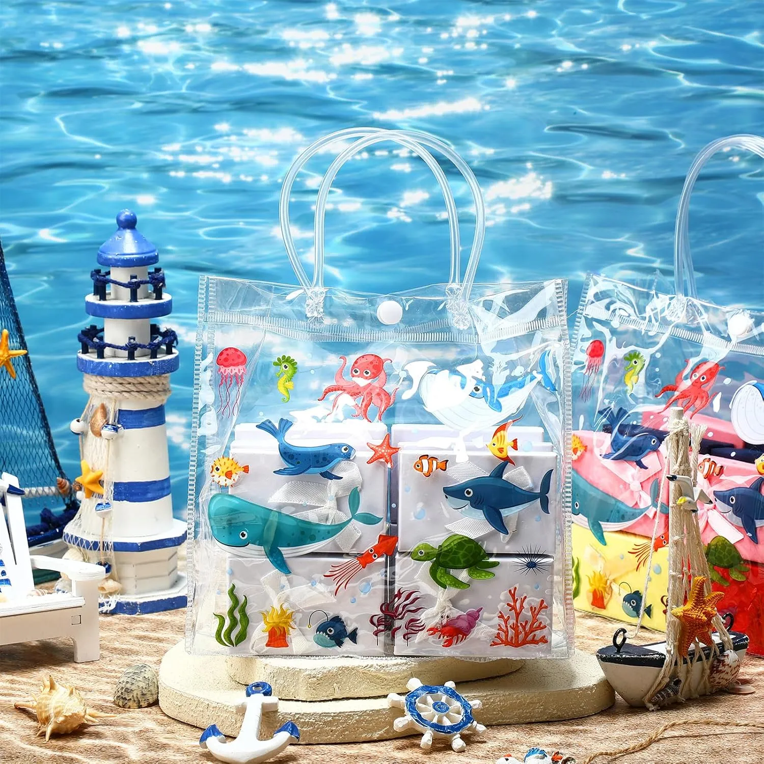 Supervitae 36 Pcs Sea Animal Clear Favor Bags with Handle Reusable Plastic PVC Gift Bag Goodies Treats Wrap Totes for Birthday Wedding Graduation Party Supplies, 8 x 8 x 3.15 Inch