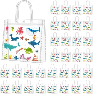 Supervitae 36 Pcs Sea Animal Clear Favor Bags with Handle Reusable Plastic PVC Gift Bag Goodies Treats Wrap Totes for Birthday Wedding Graduation Party Supplies, 8 x 8 x 3.15 Inch