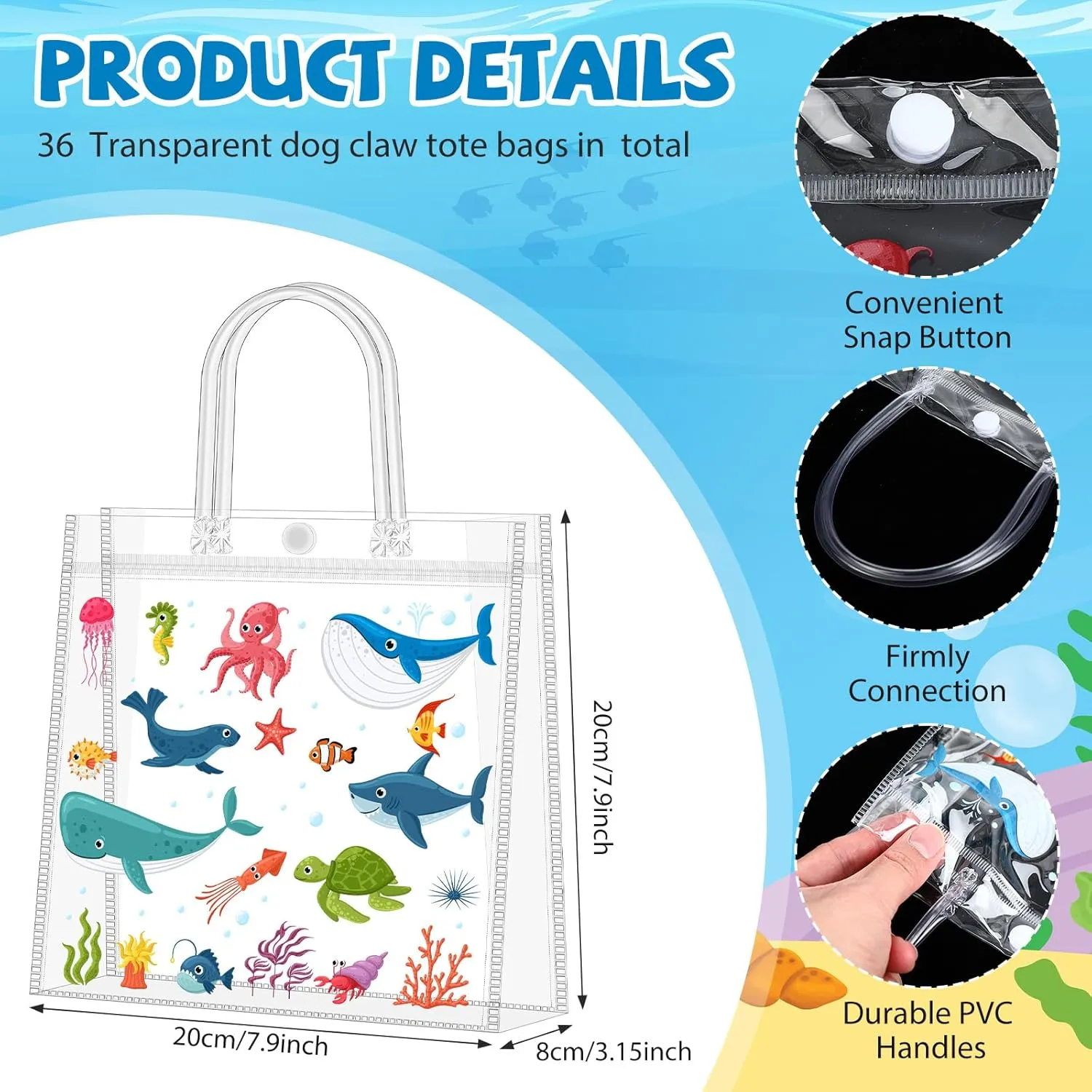 Supervitae 36 Pcs Sea Animal Clear Favor Bags with Handle Reusable Plastic PVC Gift Bag Goodies Treats Wrap Totes for Birthday Wedding Graduation Party Supplies, 8 x 8 x 3.15 Inch