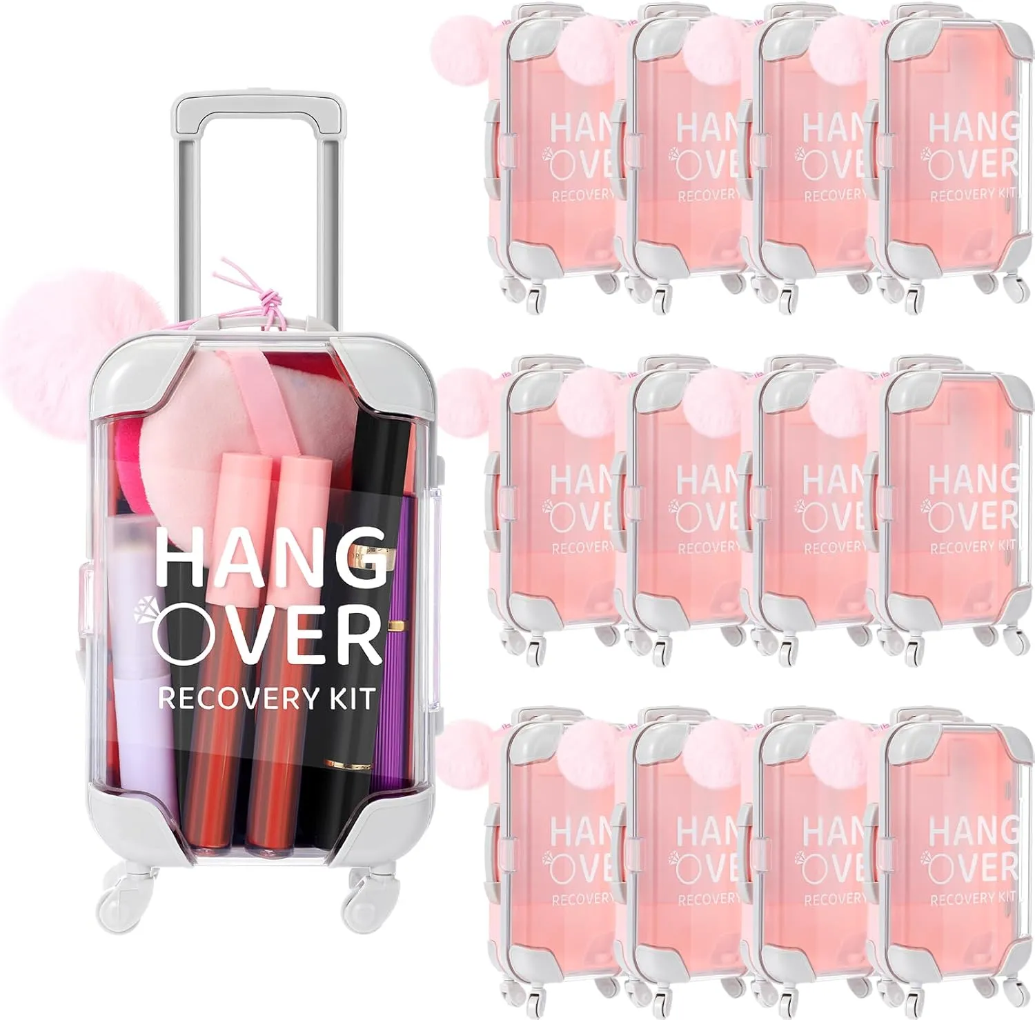 Sweetude 12 Set Hangover Recovery Kit Suitcase Mini Luggage Girls Trips Bachelor Party Favors Bridal Shower Bridesmaid Emergency Kit Pink Fluffy Ball Wedding Favors for Bachelorette Party